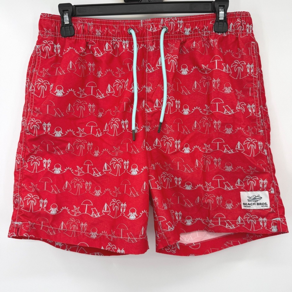 Beach Bros Swim Trunks Mens Medium Red Beach Print Board Shorts Elastic Waist